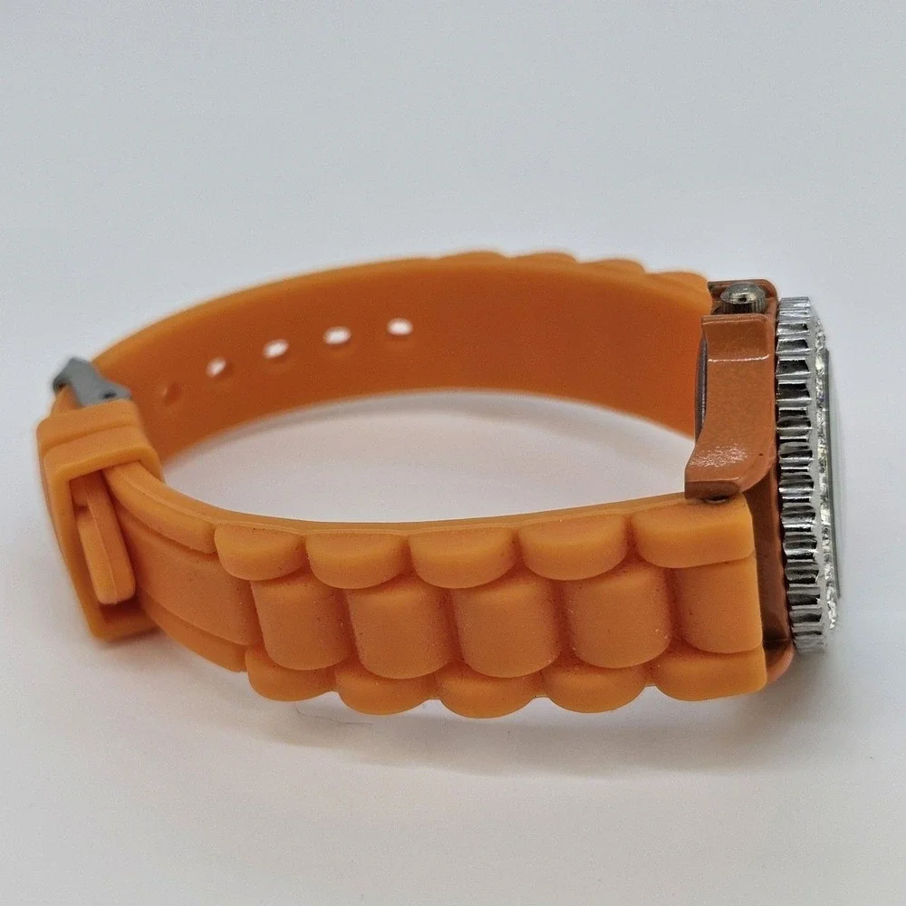 30MM Watch Women Orange Dial Crystal Bezel‎ Orange Plastic Bands New Battery